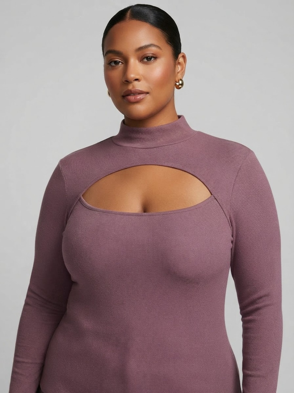 Le Chateau Marsala Ribbed Mock Neck Cutout Long Sleeve Top XL